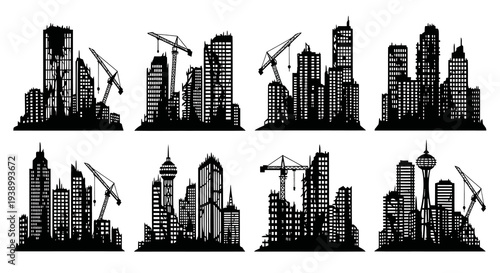 Black  White Silhouette Urban City Skylines, Buildings  Construction Cranes Vector Set