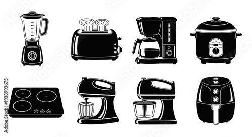 Black  White Kitchen Appliances Glyph Icons Set for Home  Food Preparation