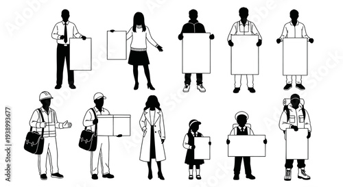 Diverse People  Professions Holding Blank Signs - Black and White Outline Vector Set