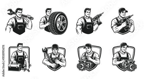 Automotive Mechanic Handyman Worker Emblems with Tools - Black and White Line Art