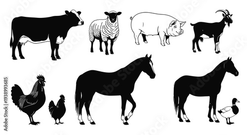 Agriculture Livestock Black  White Line Art Set: Farm Animals Collection Vector Illustration