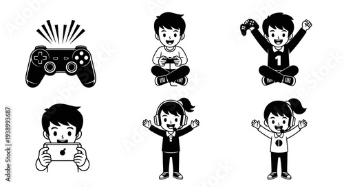 Black and White Line Art Gaming Icons: Kids Playing Video Games with Controllers  Mobile