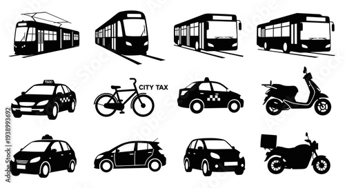 Urban Transportation Vehicles Black White Silhouette Icons Set