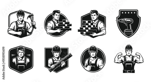 Black  White Vector Construction Worker  Builder Logos with Tools  Bricks Emblems