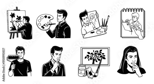 Black  White Line Art Vector Icons: Artists, Painters, Illustrators, and Art Tools Set