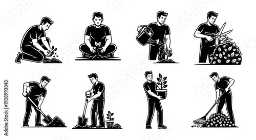 Black  White Gardener Man Planting, Raking, Trimming, Shoveling Vector Illustration