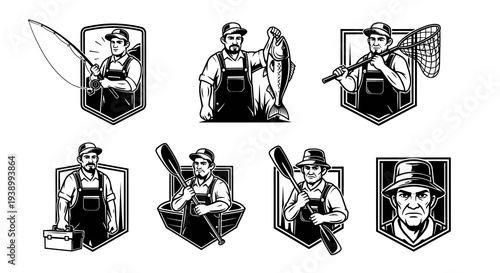 Vintage Fishing Angler Black  White Vector Illustrations Set with Fishermen  Gear