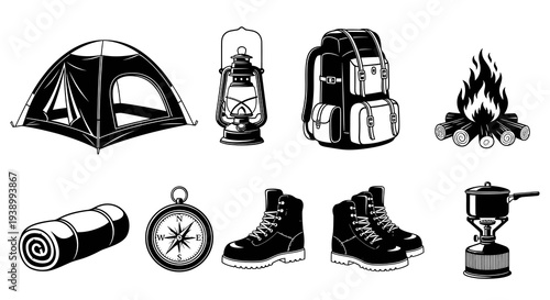 Black  White Camping  Outdoor Adventure Gear Vector Icons Set