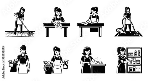 Cleaning Service Household Chores Black and White Glyph Vector Icons Set