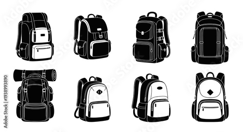 Travel Outdoor Education Backpacks Vector Icons Set - Black and White Glyphs