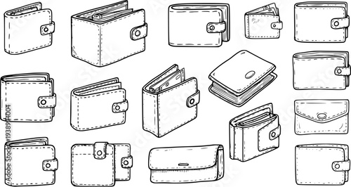 Finance and Shopping: Hand-Drawn Black and White Line Art Set of Wallets, Purses, and Billfolds. Personal Accessories Doodle Collection.
