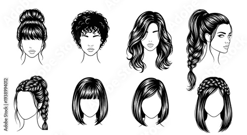 Beauty  Fashion Industry: Diverse Women's Hairstyles Black  White Line Art Vector Set