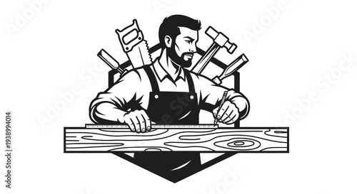 Carpentry Woodworking Craftsman with Tools Measuring Lumber - Black  White Line Art
