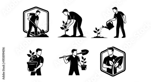 Men Planting Trees  Gardening Glyph Icons Set: Ecology  Agriculture Black  White Vector