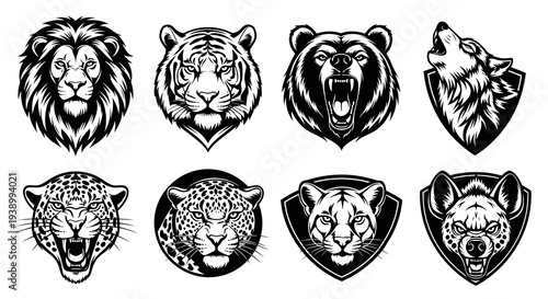 Powerful Predator Wild Animal Mascots Black  White Vector Line Art Set
