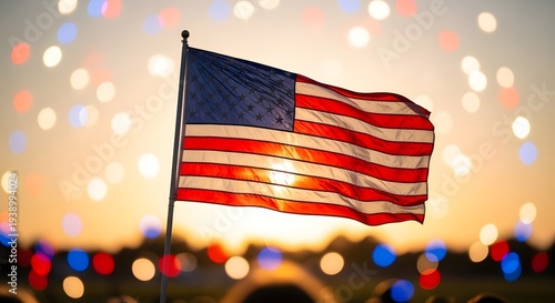 Flag day celebration with american flag waving on a starry night sky background