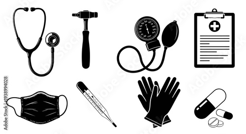 Black  White Medical Equipment Glyph Icons Set - Healthcare Stethoscope, Mask  Pills