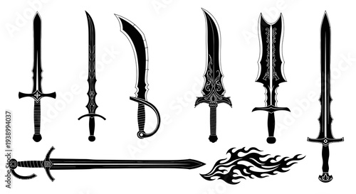 Black  White Vector Glyphs of Fantasy Swords and Blades - Medieval Weaponry Set