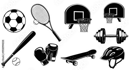 Black and White Vintage Sports Equipment Collection Glyph Icons Vector Illustration