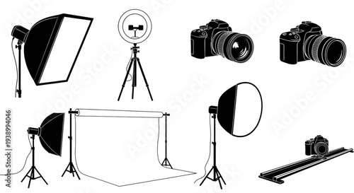 Professional Photography Studio Equipment Black  White Line Art Vector Icons