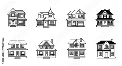 Residential Houses Architecture Black  White Line Art Vector Icon Set