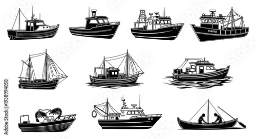 Nautical Fishing and Marine Boats Vector Line Art Set - Black  White Vintage Illustrations