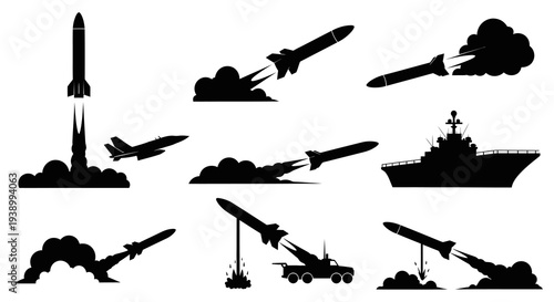 Military Warfare Missiles  Rockets Silhouette Vector Icons Set