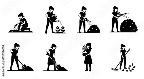 Gardening Woman Glyph Icons Set. Horticulture Garden Chores Black White Vector Art