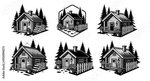Outdoor Rustic Log Cabin House in Forest - Black and White Engraving Style Illustration