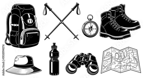 Outdoor Adventure Hiking Equipment Set Black White Line Art Vector