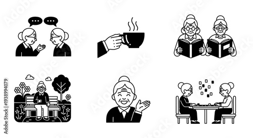 Senior Women Lifestyle  Activities: Black  White Line Art Icon Set
