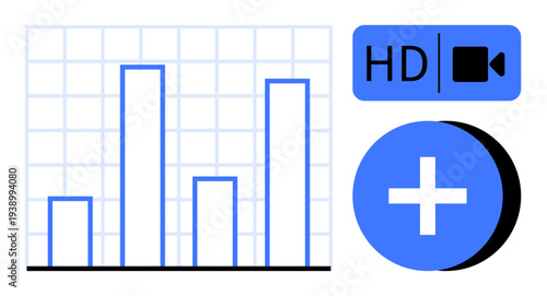 Data visualization. Graph bars and HD video icons highlight data analytics trends. Data visualization is vital for business, education, and digital media. For reports, tutorials, UX, and marketing
