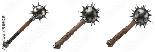 Fotografie Set of Medieval Spiked Maces and Morning Star Weapons with Wooden Handles Isolat