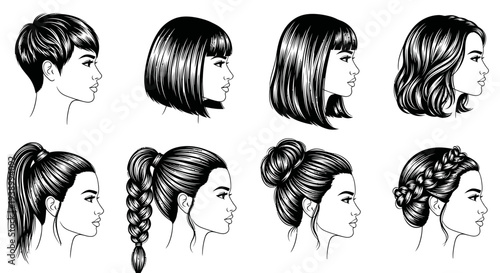 Beauty Hairstyles Collection: Women's Haircuts, Updos, Ponytails - Black and White Line Art Vector