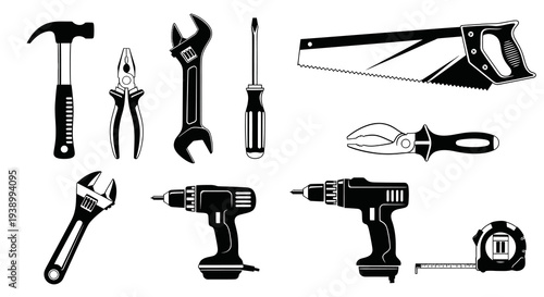 Monochromatic Vector Icons: Construction, DIY, and Repair Workshop Hand Tools Collection