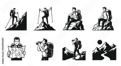 Monochrome Hiking Outdoor Adventure Glyphs - Vector Icons of Hikers  Trekking