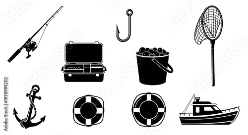 Fishing and Boating Marine Icons Set - Black  White Glyph Vector Illustration