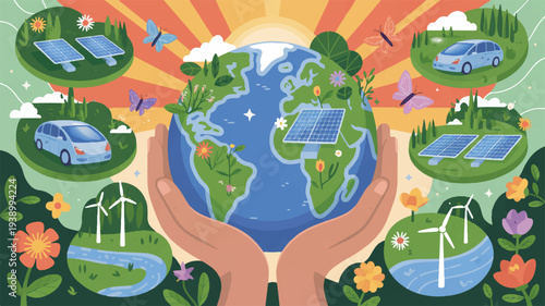 Earth in hands with renewable energy sources and eco friendly transportation around it symbolizing sustainability and environmental care