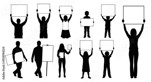 Black  White Silhouette People Holding Blank Signs for Communication  Protest