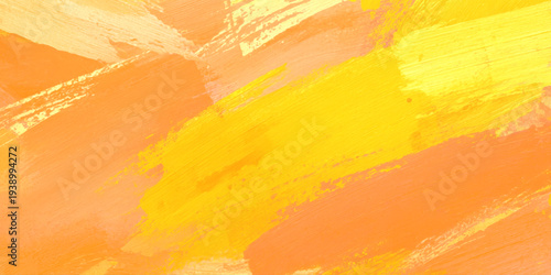 Abstract expressive brushstroke background with vibrant yellow and orange paint texture, the layered, painterly composition creates a sense of movement and energy.