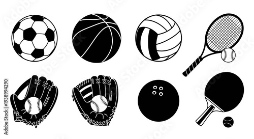 Sports Equipment Glyph Icons Set - Black and White Collection of Balls and Gear