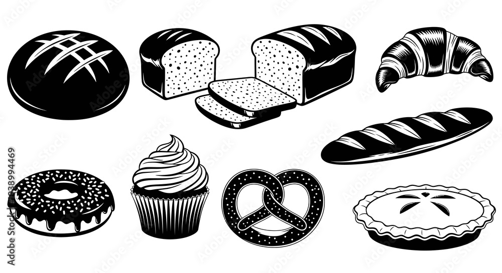 custom made wallpaper toronto digitalBakery Food Black  White Line Art Icons Set - Bread, Pastries, Desserts Collection