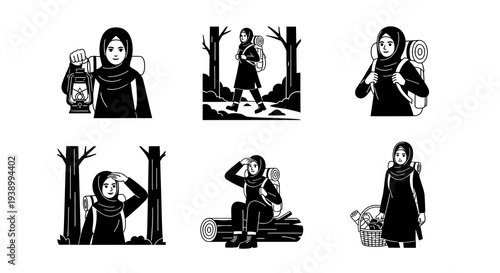Black  White Glyph Illustration Set of Muslim Woman on Outdoor Hiking Adventure