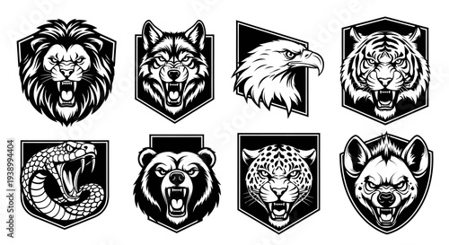 Black  White Line Art Vector Animal Head Mascots for Sports, E-Sports  Branding