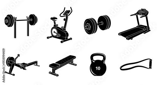 Fitness Gym Equipment Black  White Glyph Icons Set: Barbell, Treadmill, Kettlebell  More
