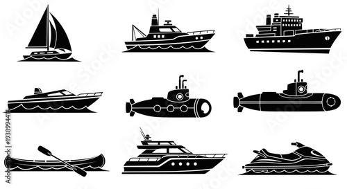 Nautical Boat and Watercraft Black Silhouette Glyph Icons Set