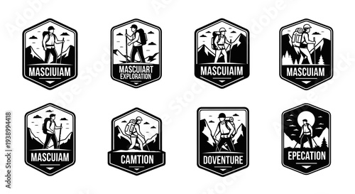 Monochrome Outdoor Adventure Hiker Emblems Set - Mountaineering Glyph Logos