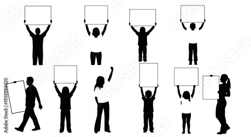Social Communication Activism: Diverse People Silhouettes Holding Blank Placards
