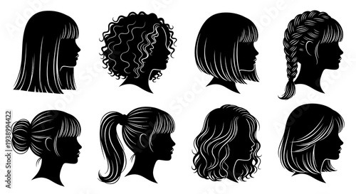 Beauty  Fashion: Diverse Black  White Female Hairstyles Silhouettes Vector Art