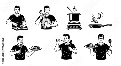 Black and White Graphic Illustration of Male Chef Cooking and Preparing Food in Kitchen